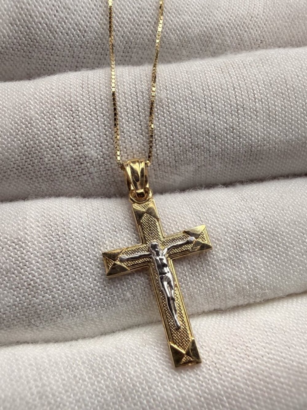 14K Two Tone Gold Crucufix Pendant With 0.8mm Box Chain - 18 inch